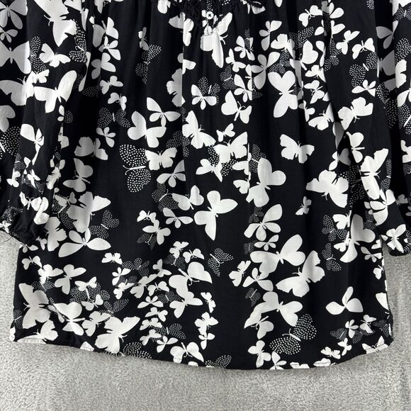 Talbots Top Womens L Black Butterfly Smocked Scoop Neck 3/4 Sleeves Elastic Cuff - Picture 4 of 15